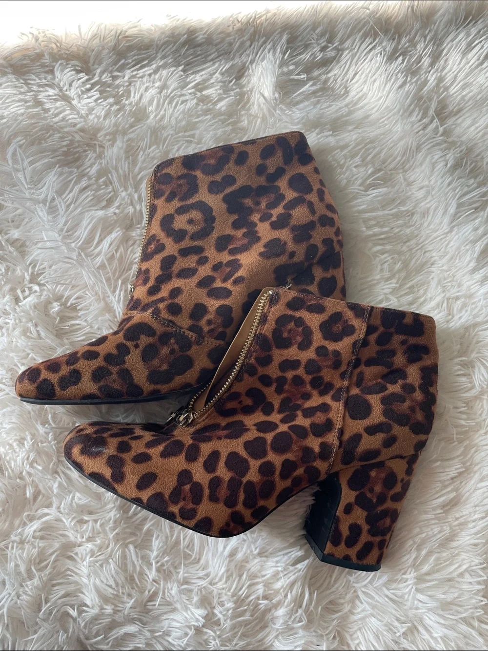Leopard Print Ankle Booties with Side Zip - Brown size 9W